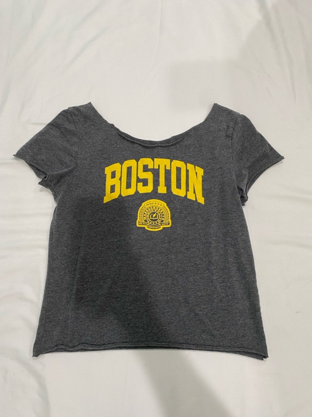 Y2K Style Boston Graphic BabyTee in Charcoal with Yellow Print Cut Out Neckline